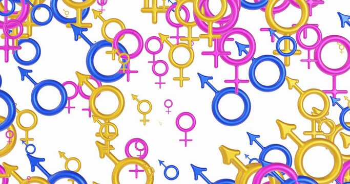 Symbols of gender. Seamless cyclic animated 4K background from symbols of gender against a white background. 4K seamless looping videos