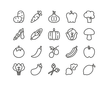 Vegetables icon set. Contains such Icons as broccoli, tomato, pepper, and more. Line style design. Vector graphic illustration. Suitable for website design, app, template, ui.