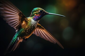 Obraz premium Hovering Hummingbird: Close-up of Radiant Iridescent Feathers. Generative AI.