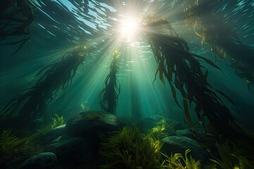 Sunlit Kelp Forest Underwater. Generative AI.