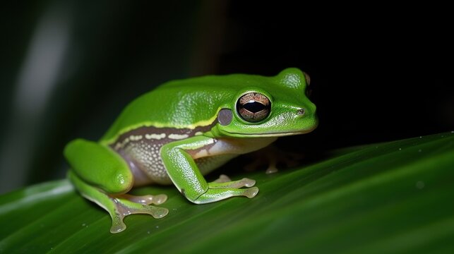 Green Tree Frog Perched on Vibrant Leaf. Generative AI.