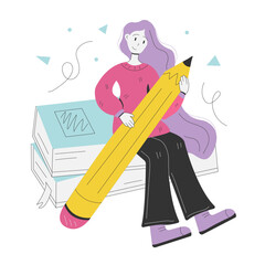 Student girl with giant Pencil. Young person holding pencil and sitting on books. Cute funny isolated characters. Flat style.