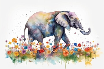 Watercolor painting of a beautiful elephant in a colorful flower field. Ideal for art print, greeting card, springtime concepts etc. Made with generative AI.