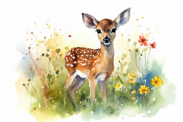 Watercolor painting of a beautiful deer or fawn in a colorful flower field. Ideal for art print, greeting card, springtime concepts etc. Made with generative AI.