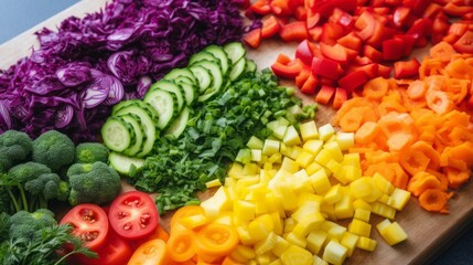 A variety of colorful chopped vegetables in rainbow colors. Generative AI. 
