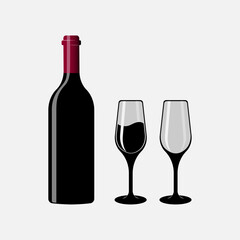 Wine bottle and two glasses. Vector illustration on a light background.