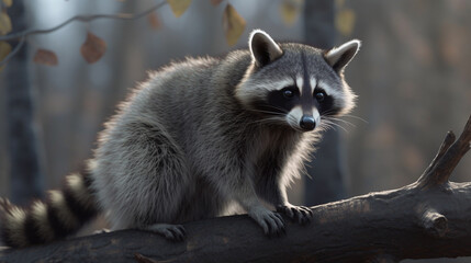 Cute raccoon looking at camera on fallen tree in rainforest on blurred background