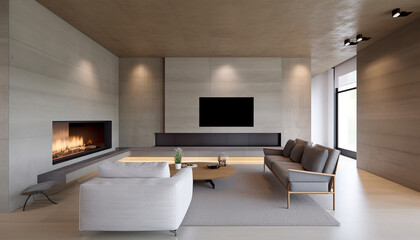 Fototapeta na wymiar Spacious villa interior with cement wall effect, fireplace and tv, generative ai 
