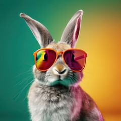 Fototapeta na wymiar Rabbit wearing sunglasses on colorful background. Rainbow bunny. Generative AI