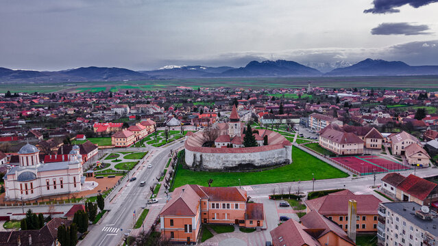 Aerial view of Prejmer fortified Church, located in Brasov county, Romania. Photography was shot from a drone at a lower altitude and camera level for a landscape photography.
