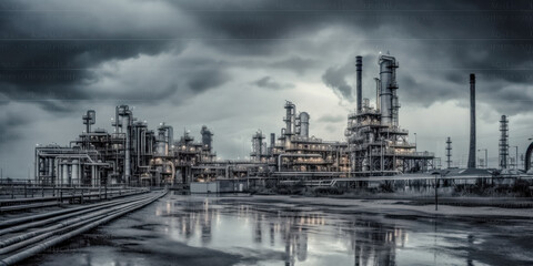 Fototapeta premium Industrie 4.0 Schwerindustrie Atomindustrie Chemieindustrie Raffinerie im Abendlicht Illustration Background Wandbild Generative AI Digital Art 
