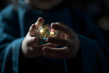 Jeune fille tenant une pierre pr&eacute;cieuse multicolore et scintillante &raquo; IA g&eacute;n&eacute;rative