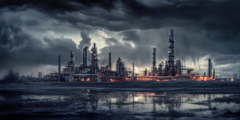 Obraz premium Industrie 4.0 Schwerindustrie Atomindustrie Chemieindustrie Raffinerie im Abendlicht Illustration Background Wandbild Generative AI Digital Art 