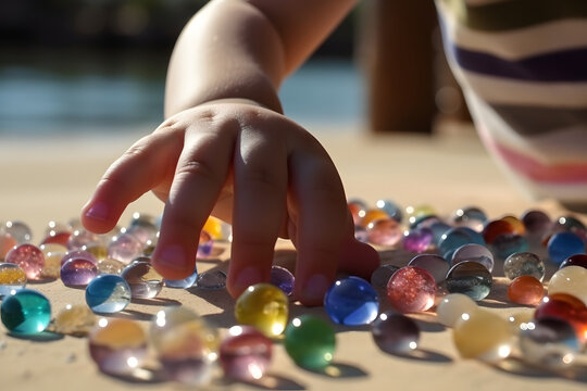 Jeune enfant jouant avec des billes sur une plage &raquo; IA g&eacute;n&eacute;rative