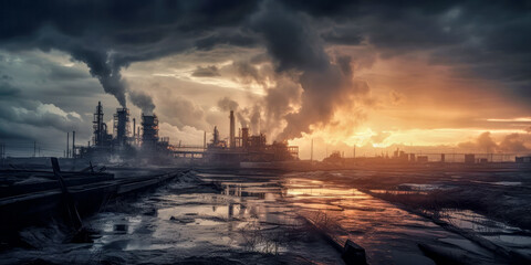 Obraz premium Industrie 4.0 Schwerindustrie Atomindustrie Chemieindustrie Raffinerie im Abendlicht Illustration Background Wandbild Generative AI Digital Art 