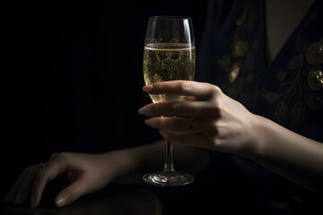 Jeune femme buvant du champagne durant un cocktail » IA générative