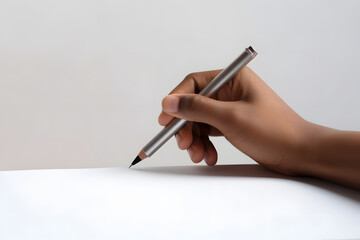 Vue de profil d'une main écrivant sur une page blanche » IA générative
