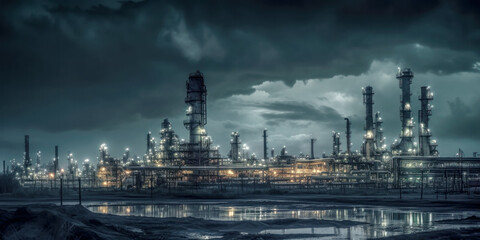 Obraz premium Industrie 4.0 Schwerindustrie Atomindustrie Chemieindustrie Raffinerie im Abendlicht Illustration Background Wandbild Generative AI Digital Art 