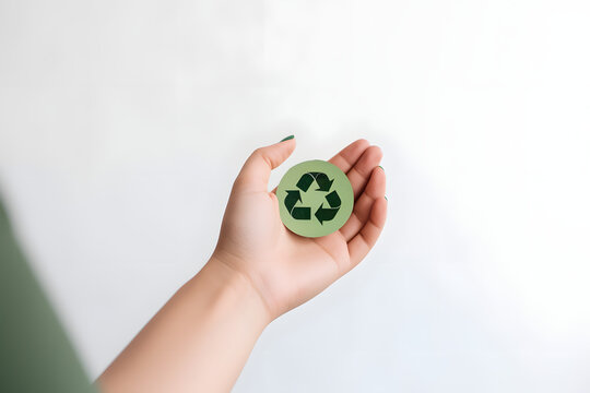 Main d'une femme tenant le symbole du recyclage » IA générative