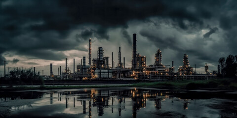 Obraz na płótnie Canvas Industrie 4.0 Schwerindustrie Atomindustrie Chemieindustrie Raffinerie im Abendlicht Illustration Background Wandbild Generative AI Digital Art 