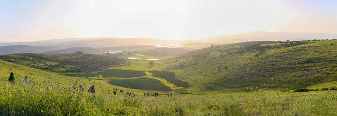 a group of people standing on top of a lush green hillside