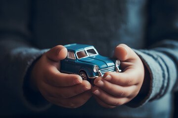 Enfant tenant une voiture bleue miniature dans ses mains » IA générative