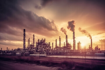 Industrie 4.0 Schwerindustrie Atomindustrie  Chemieindustrie Raffinerie	im Abendlicht Illustration Background Wandbild Generative AI Digital Art
