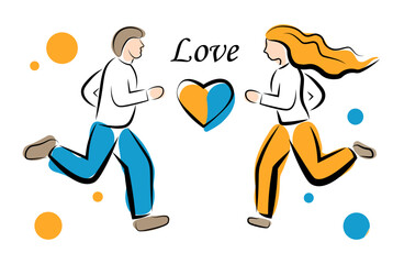 A man and a woman run towards each other. Guy and girl on a date. Vector illustration isolated on white background