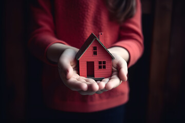 Fille tenant une maison rouge dans ses mains » IA générative