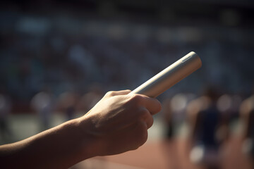 Main d'un athlète tenant un bâton de relais sur une piste de course » IA générative
