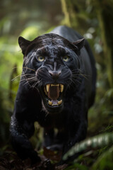 Wild black panthera roaring aggressively. Jungle forest running generative ai