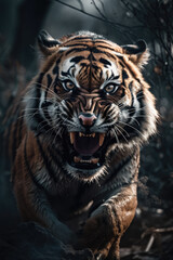 Fototapeta premium Wild tiger roaring aggressively. Jungle forest generative ai