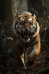 Wild tiger roaring aggressively. Jungle forest generative ai