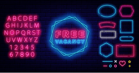 Free vacancy neon label on brick wall. Welcome to our team. Job searching design. Vector stock illustration