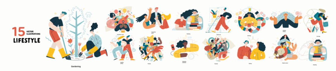 Lifestyle series set - modern flat vector illustrations of people living their lives and engaging in a hobby. People society activities methapors and hobbies concept