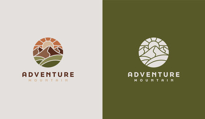 Mountain travel emblems. Camping outdoor adventure emblems, badges and logo patches. Mountain tourism, hiking. Universal creative premium symbol. Vector illustration