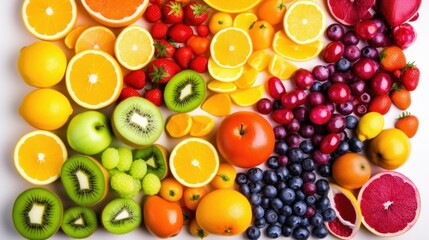 A colorful grouping of varied fruits on a white background. Generative AI. 