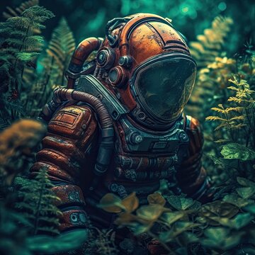 AStronaut at jungle a lot of plants
