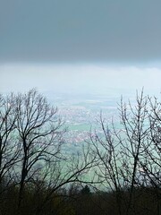 A Distant Aerial Portrait Perspective Behind Trees of Wuenheim and Soultz-Haut-Rhin Villages Shrouded in Dense Dark Clouds and Enveloped by Heavy Mist in the Enigmatic Alsatian Landscape