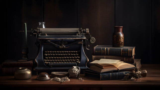 A still-life composition of an antique typewriter and a stack of classic books on a wooden desk