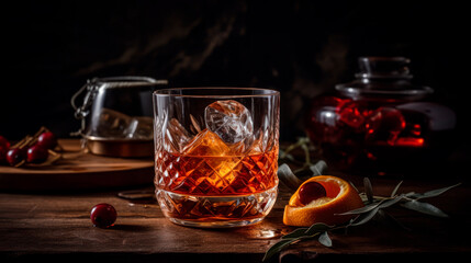 Whiskey with ice or brandy in a glass. Generative AI