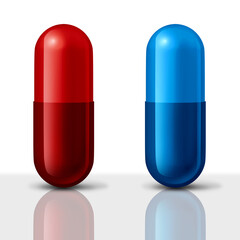 Generic drug And Brand Medication as a Red and blue pill choice medication capsules as a symbol of choosing between low priced generics or more expensive pharmaceutical 