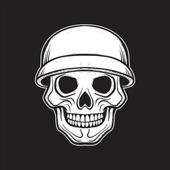 A skull with a helmet art Illustration hand drawn style black and white premium vector 