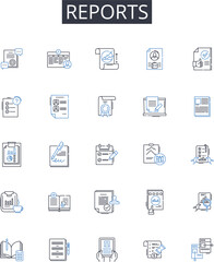 Reports line icons collection. Records, Files, Documents, Accounts, Bulletins, Briefings, Announcements vector and linear illustration. Summaries,Notations,Memos outline signs set