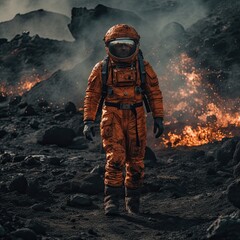 Fototapeta premium Astronaut fire magma volcano planet hot