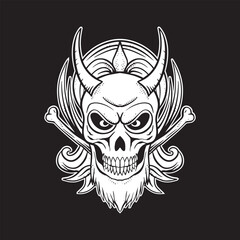 A skull with horns art Illustration hand drawn style black and white premium vector