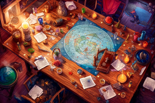 Digital painting of a fantasy RPG tabletop game with map drinks and other props