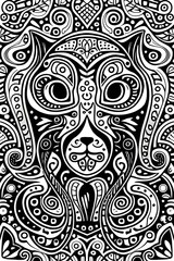 digital illustration, abstract DOGS pattern, black and white folklore motif, isolated on white background, vector texture, bear design in the middle, modern fashion print 

