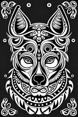 Fototapeta premium digital illustration, abstract DOGS pattern, black and white folklore motif, isolated on white background, vector texture, bear design in the middle, modern fashion print 