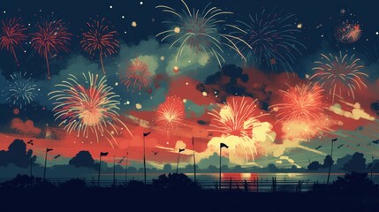 An illustrated background with fireworks over a landscape in festive and patriotic colors. Generative AI